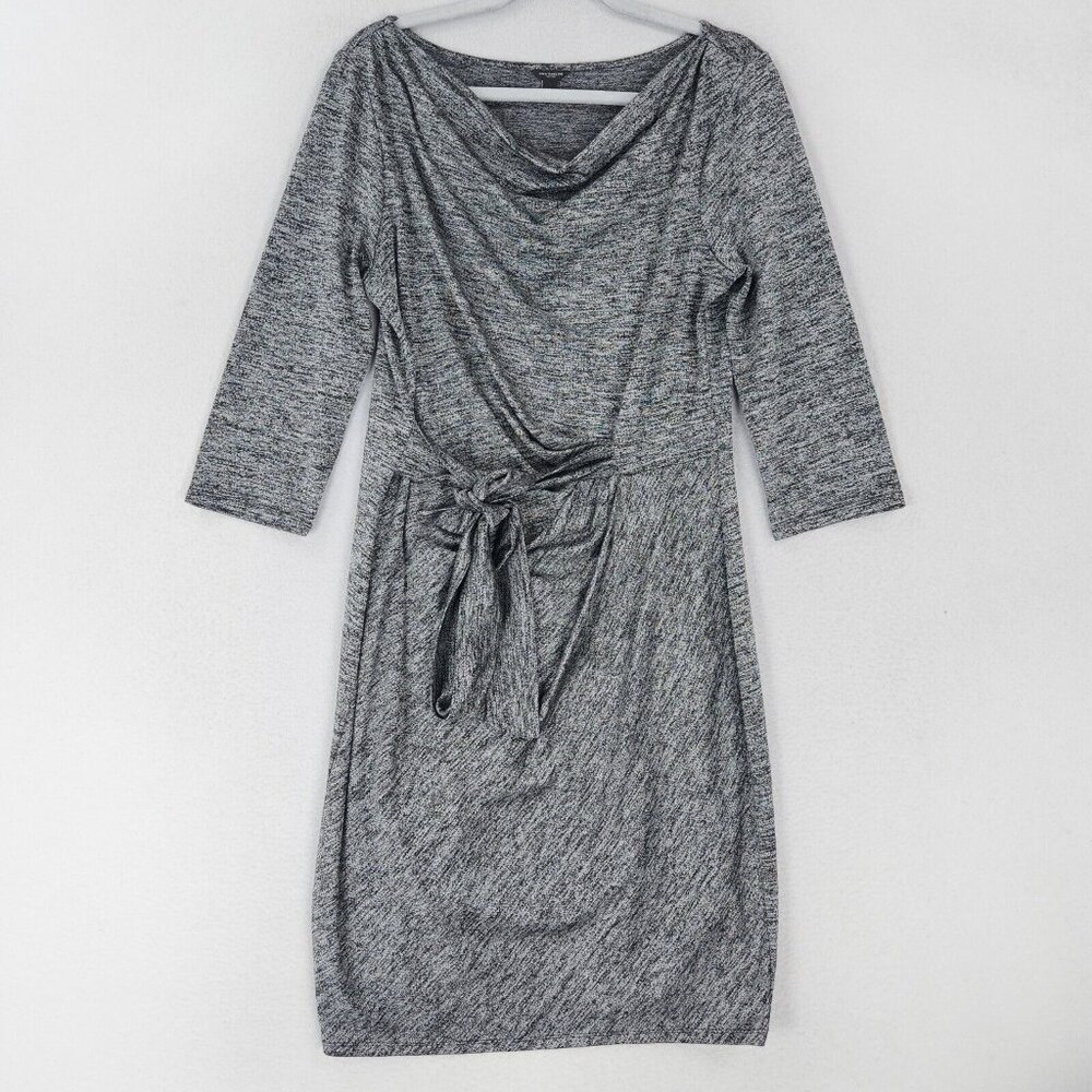 Ann Taylor Dress Womens Large Gray Black Heathered Sheath 3/4 Sleeve Tie Front